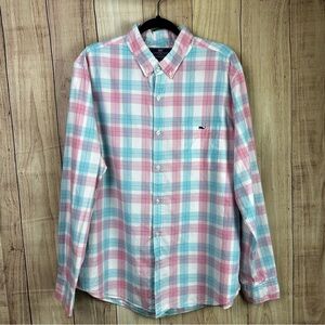 Vineyard Vines Men's Pink and Blue Plaid Slim Fit Tucker Shirt